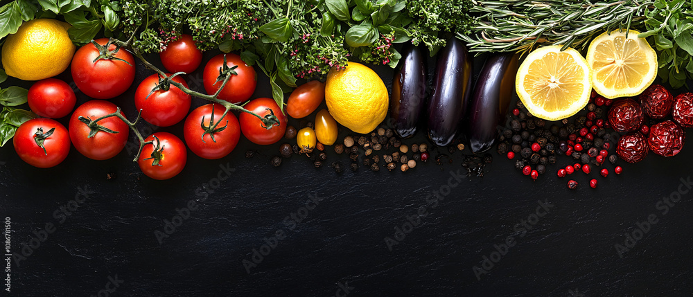 Elegant arrangement of fresh vegetables and herbs suited for culinary events, gourmet menus, and recipe blogs, featuring vibrant colors and ample space for branding.