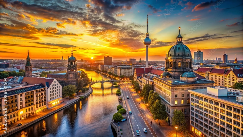 Fototapeta premium Captivating Sunset Over Berlin Mitte: A Macro Perspective of the Cityscape with Glowing Architecture and Urban Vibes in Germany’s Central Borough