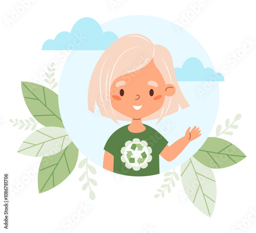 Ecology lifestyle. Happy girl blonde in fashionable clothes from recycled materials. Eco friendly clothing sustainable fashion. Recycle and environmental care concept. Vector illustration