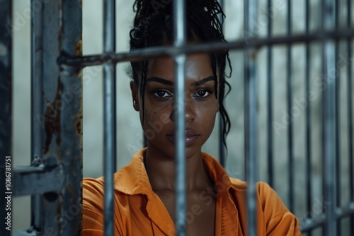 A black female prisoner in an aged orange uniform gazes directly at the camera while standing behind metal bars in a detention center, highlighting her current situation