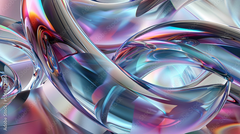 Abstract iridescent glass swirls, 3D rendering of colorful glossy shapes Abstract iridescent glass swirls, 3D rendering of colorful glossy shapes