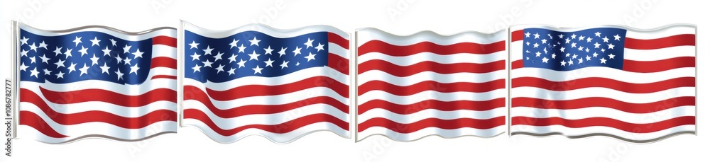 Collection of Waving United States Flags Displayed Against a White Background Representing Patriotism, National Pride, and American Heritage in a Vibrant and Dynamic Style