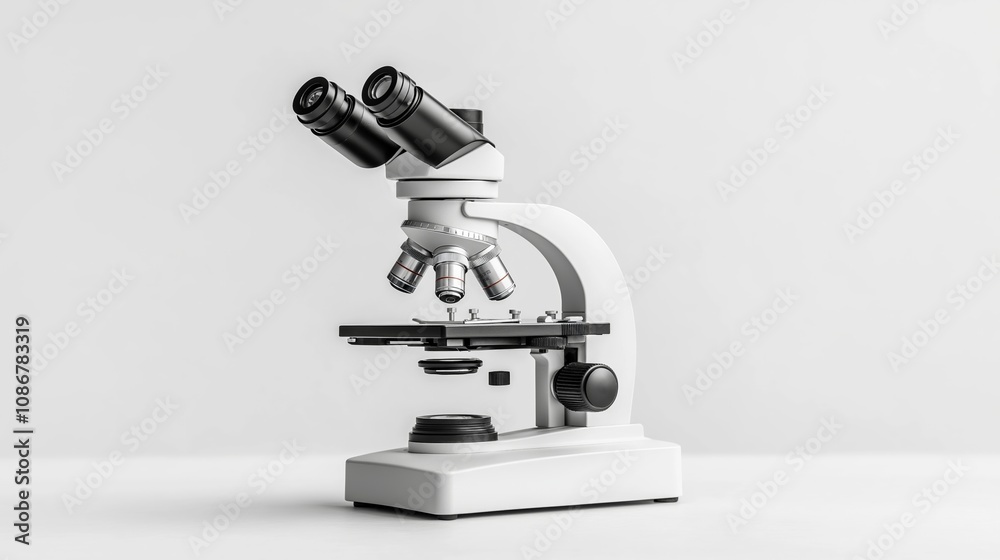 White microscope on table, microscope against white background. Light microscope White microscope on table, microscope against white background. Light microscope