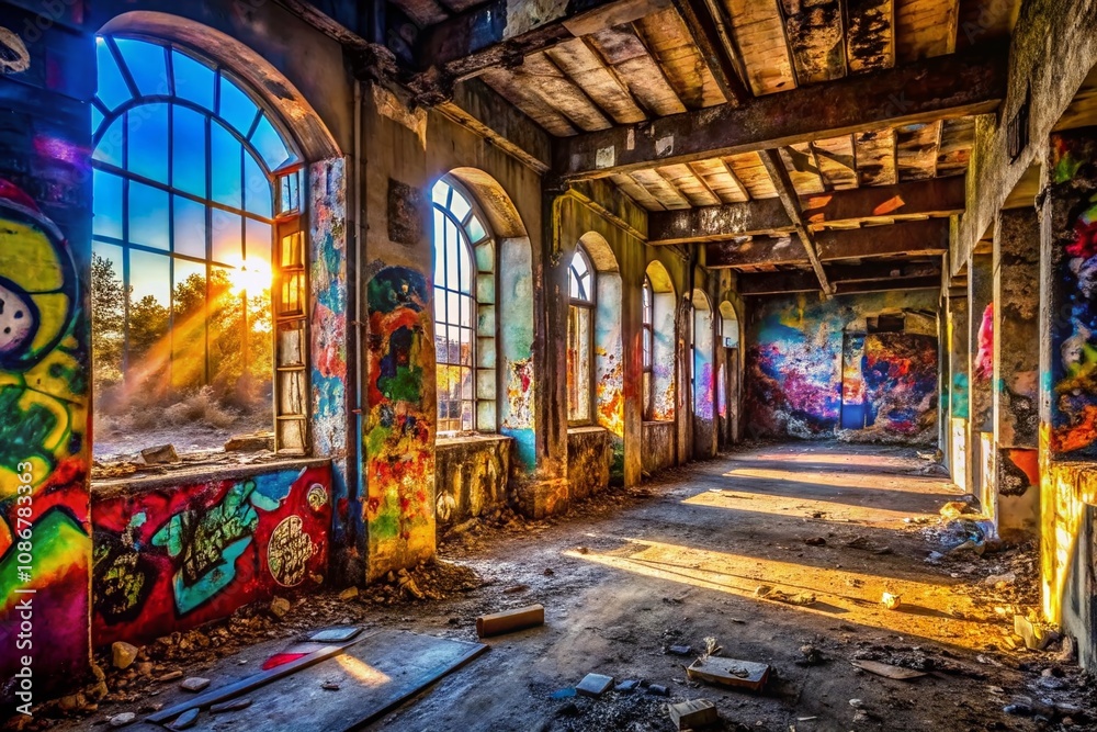 Obraz premium Captivating Urban Exploration Photography Featuring Unique JB Logos on Abandoned Building Walls with Graffiti and Urban Decay Elements