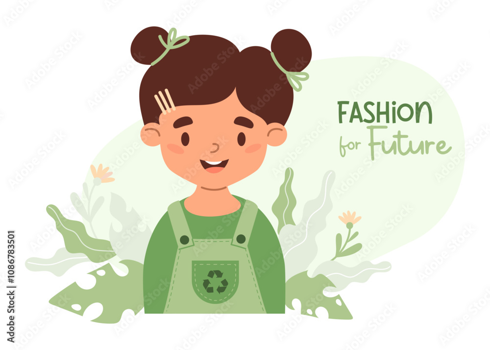 Cute girl child in fashionable clothes made from recycled green material. Eco friendly clothing and ecology. Recycle and environmental care concept, fashion future. Vector illustration
