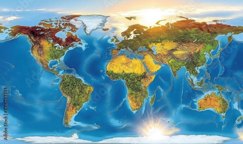 Vibrant World Map Illustration Showing Diverse Landscapes, Natural Features, and Global Geography with Sunlight Over Earth and Clear Blue Oceans