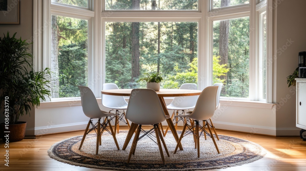 Obraz premium Dining Room with a View of a Wooded Landscape