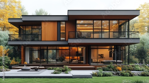 A 3D highly detailed contemporary house with wood paneling, floor-to-ceiling windows, and sleek architecture on a white background.