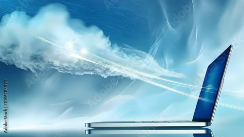 A laptop is depicted with a jet-like trail emerging from the screen, symbolizing speed and progress in technology. photo