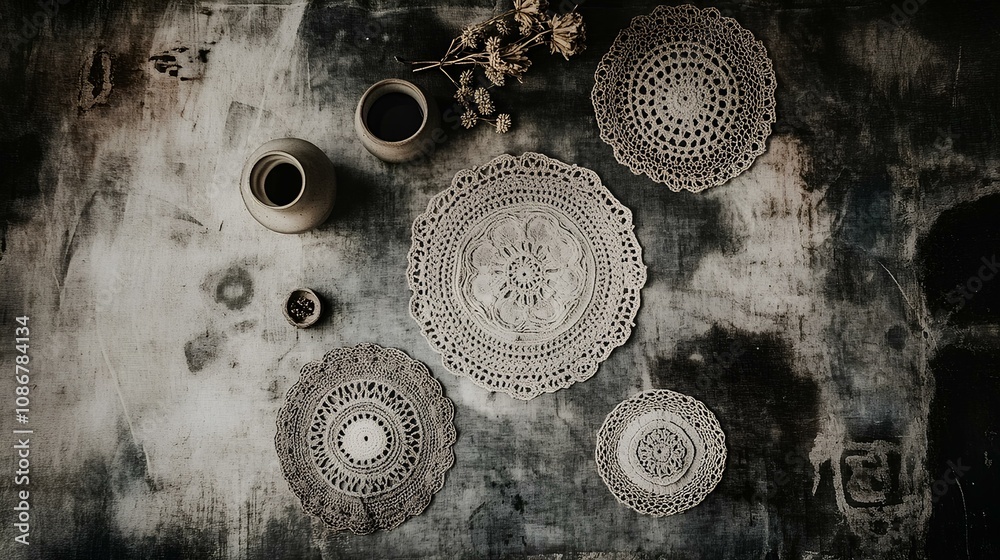 Naklejka premium Handmade doilies and pottery display artistic home decor tabletop arrangement cozy indoor environment top view craftsmanship