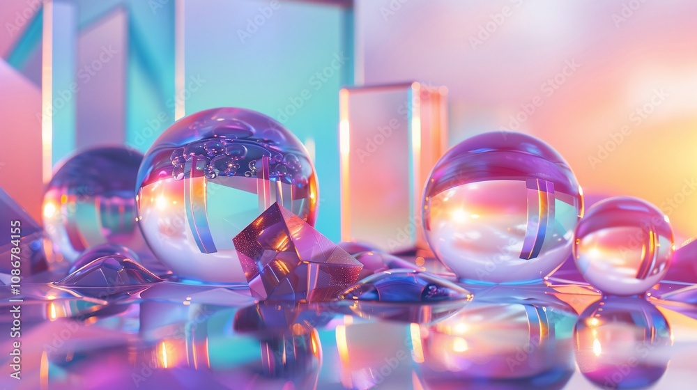 Iridescent Glass Spheres and Geometric Prisms Reflecting Pastel Light Iridescent Glass Spheres and Geometric Prisms Reflecting Pastel Light