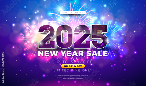 Happy New Year Sale 2025 Design with 3d Typography Lettering and Gold Christmas Ball on Red Background. Holiday Special Offer Campaign Discount Illustration for Coupon, Voucher, Banner, Flyer