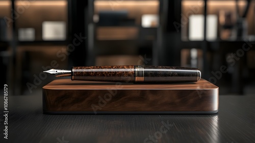 29. A podium showcasing a luxury fountain pen with a polished wooden base, placed on a dark wood table in an office store photo