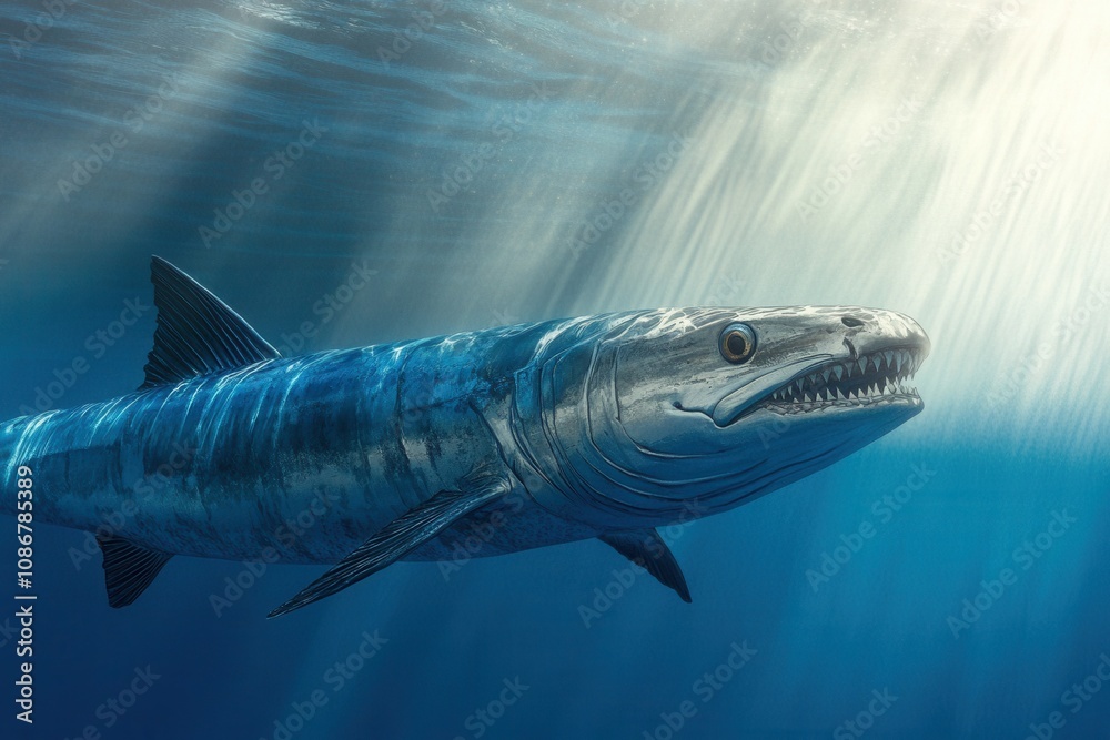 Naklejka premium Barracuda Near Surface A sleek barracuda swims close to the water's surface