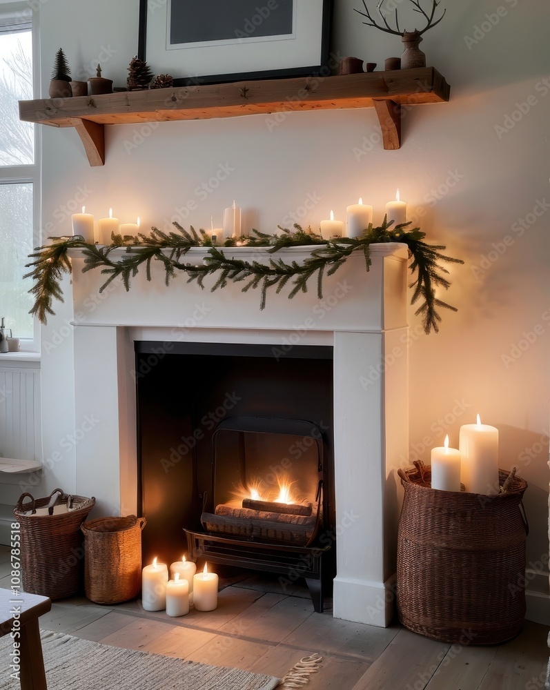 A warm and cozy Christmas living room scene featuring a rustic stone fireplace adorned with festive decorations. The mantel is decorated with a lush garland of red bows, golden ornaments, and greenery A warm and cozy Christmas living room scene featuring a rustic stone fireplace adorned with festive decorations. The mantel is decorated with a lush garland of red bows, golden ornaments, and greenery