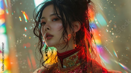 Enchanting portrait of a woman in traditional Asian attire with mesmerizing prismatic light effects. Glitter and rainbow reflections create a magical atmosphere while loose dark hair