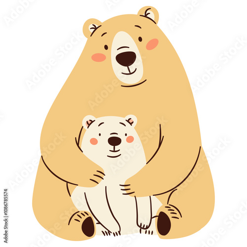 Set of flat vector illustrations in a simple children's style. Cute bear and her cub bear on white background. Forest animals and their cubs. . Vector illustration