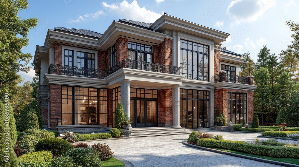 A 3D highly detailed duplex with two separate entrances, brick walls, and a shared driveway, isolated on a white background A 3D highly detailed duplex with two separate entrances, brick walls, and a shared driveway, isolated on a white background