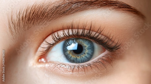 Close-up of a woman's blue eye with long eyelashes and eyebrow