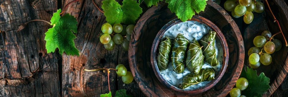 Obraz premium Traditional Turkish Dolma, Sarma or Dolmades with Tzatziki Sauce, Mediterranean Dish Dolmadakia