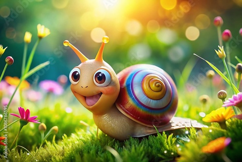 Charming Cartoon Snail Illustration with a Whimsical Design, Perfect for Children’s Books, Educational Materials, or Fun Decor, Featuring Bright Colors and Expressive Features for Engaging Content photo