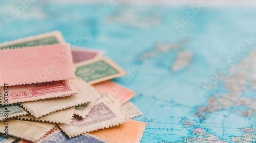 Vintage postage stamps on a world map background