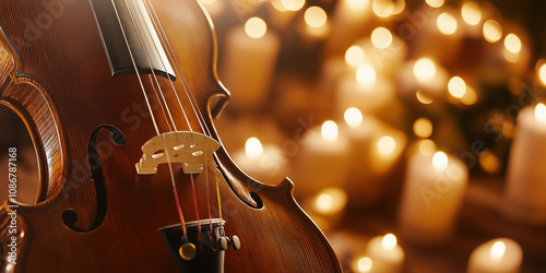 Warm ambiance with violin and candlelight bokeh for a cozy musical evening photo