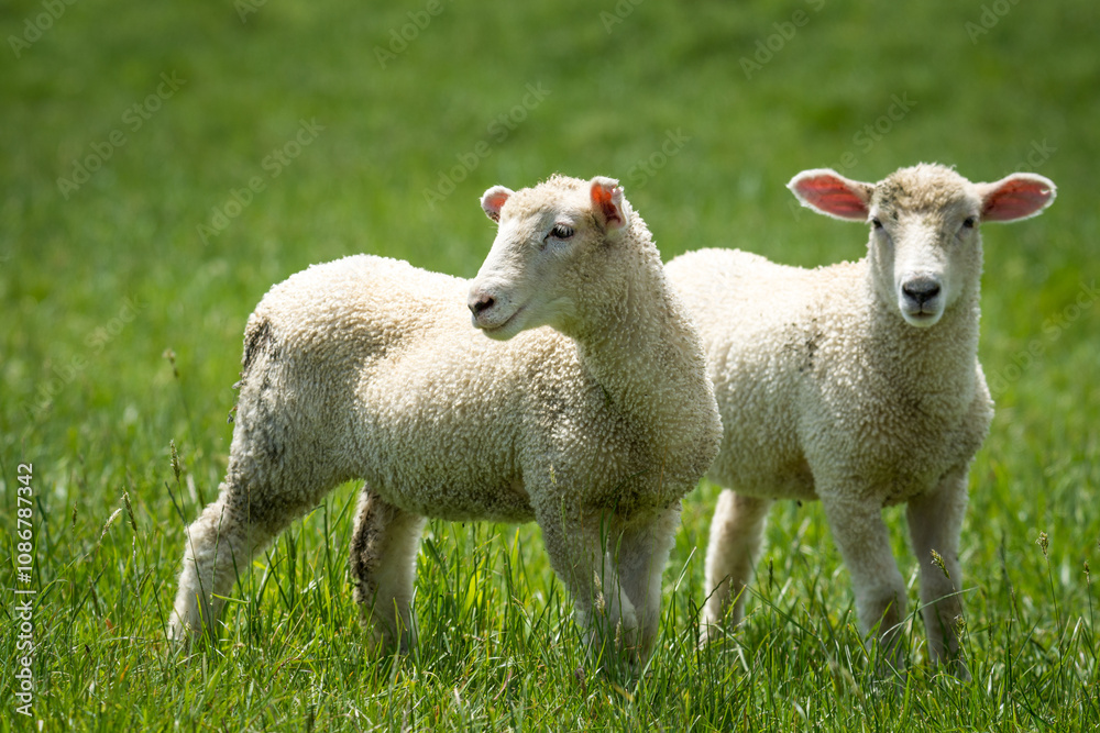 pair of lambs in lush green grassy field pair of lambs in lush green grassy field
