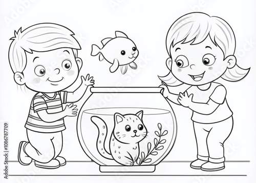 Cheerful Children and Their Kitten Watching Aquarium Fish: A Delightful Black and White Coloring Page Illustration for Kids