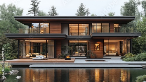 A 3D highly detailed luxury lakeside home with large floor-to-ceiling windows and outdoor decks, isolated on a white background.