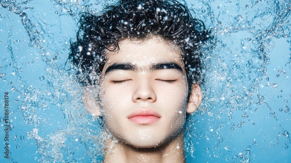 Portrait of a young Asian man with water splashing against his face on a light blue background, highlighting hydration and freshness. Portrait of a young Asian man with water splashing against his face on a light blue background, highlighting hydration and freshness.