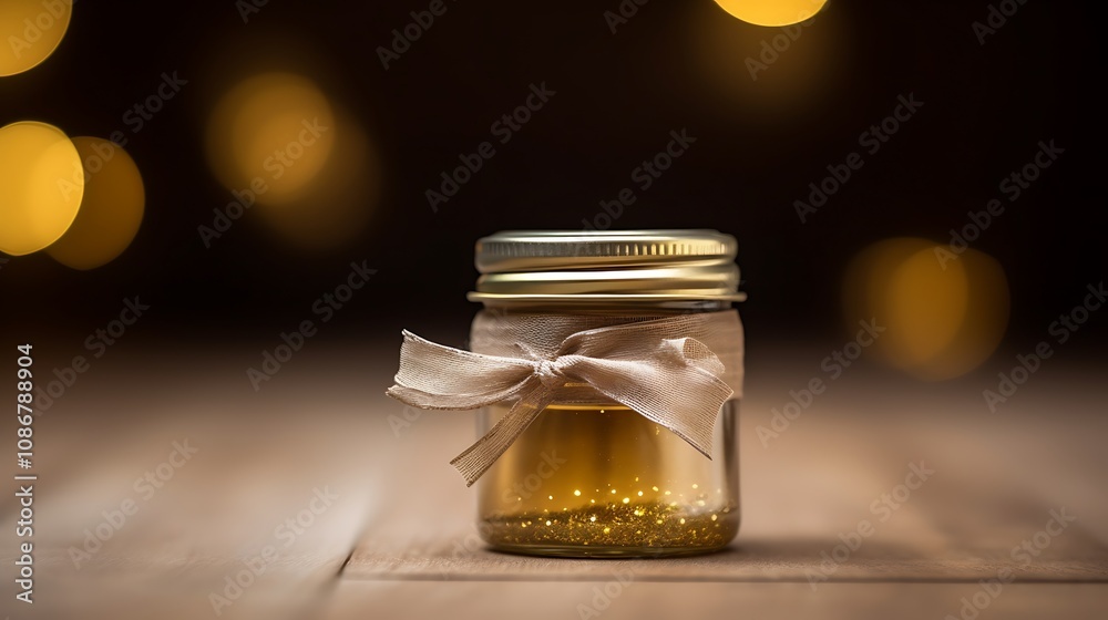 Gold Glitter Filled Jar With Beige Ribbon Bow Gold Glitter Filled Jar With Beige Ribbon Bow