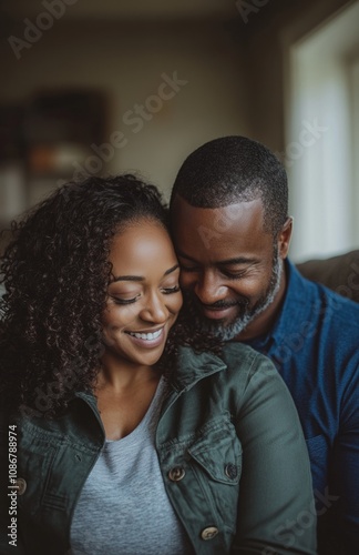 Smiling Black Couple Relaxing on Couch, Woman Wearing Green Jacket and Grey Shirt