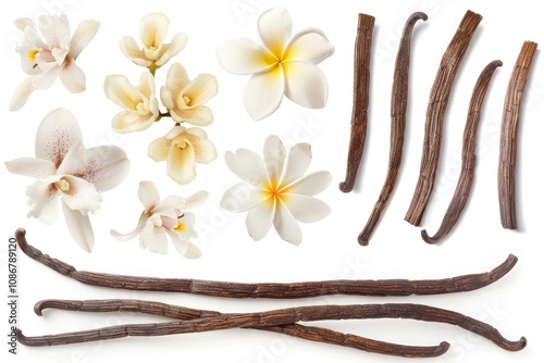 Vanilla pods and flowers set, orchid bean sticks, dry vanillin pods, natural aroma dessert ingredient photo