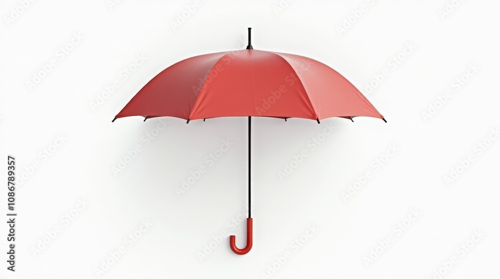 Red umbrella on a white background, open with a curved handle Red umbrella on a white background, open with a curved handle