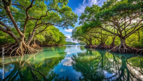 Close-Up of a Mangrove Forest with Lush Greenery and Reflections in Calm Water, Perfect for Nature Lovers Seeking Tranquility and Biodiversity in Natural Landscapes