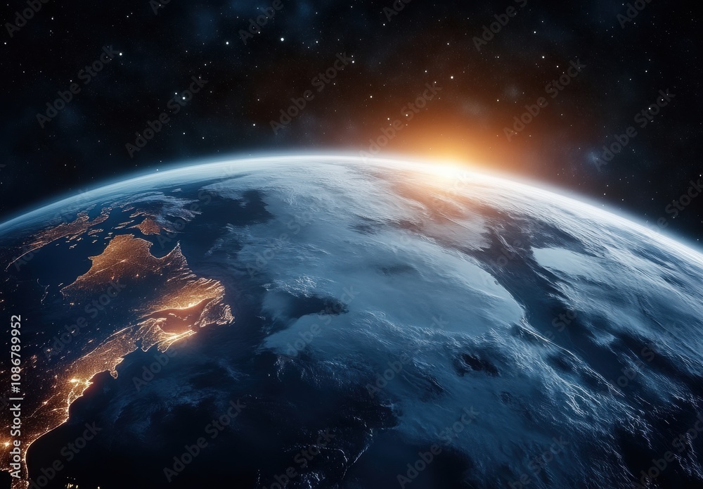 Stunning View of Earth from Space at Sunrise, Highlighting Beautiful Natural Features and Urban Areas with Glowing Lights and Serene Cloud Patterns Stunning View of Earth from Space at Sunrise, Highlighting Beautiful Natural Features and Urban Areas with Glowing Lights and Serene Cloud Patterns