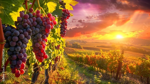 Ripe grapes in the sunset vineyard