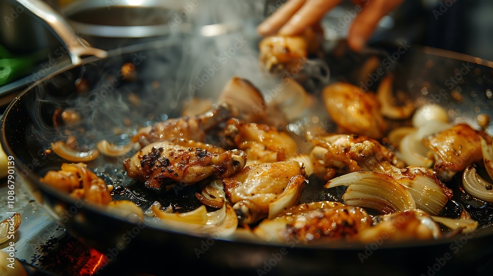 Roast chicken wings and onions are turned over with fingers on a hot skillet Roast chicken wings and onions are turned over with fingers on a hot skillet