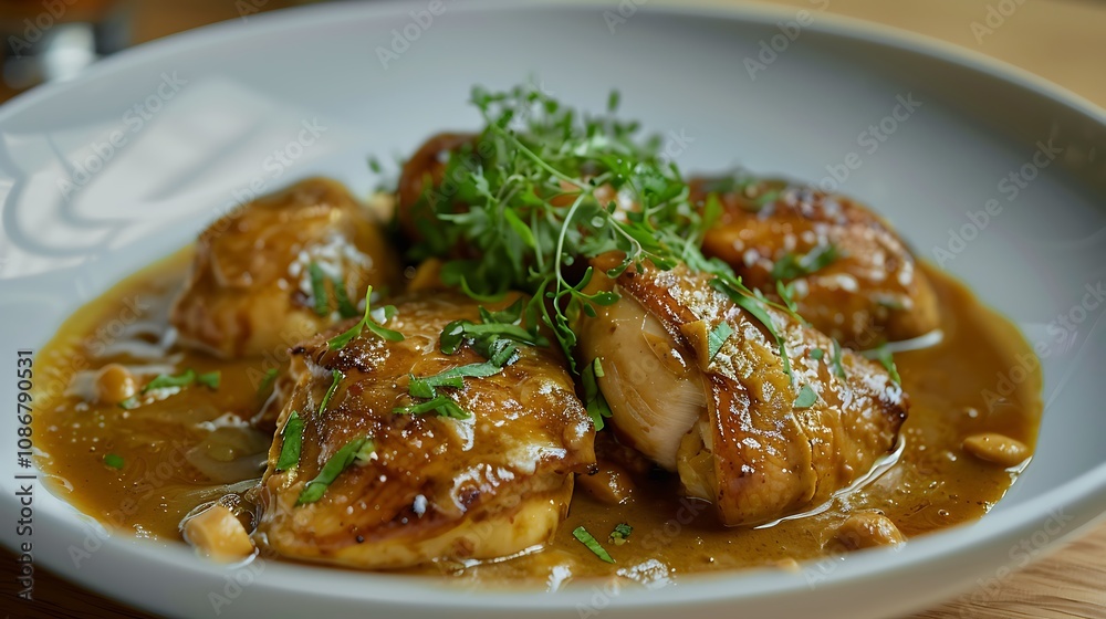 Roasted curry with veal chicken and peanut glaze paired with sake
