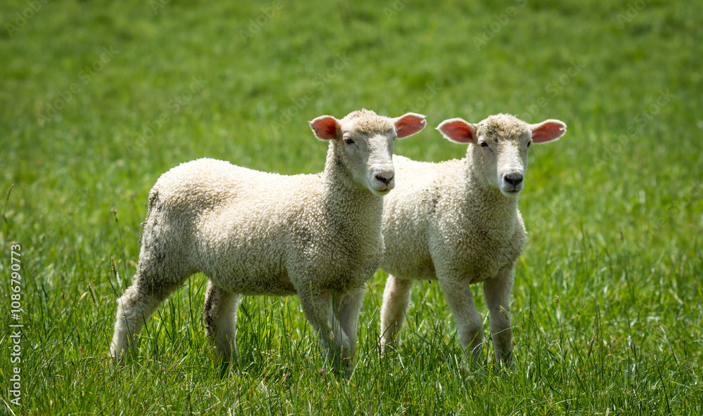 pair of lambs in lush green grassy field pair of lambs in lush green grassy field