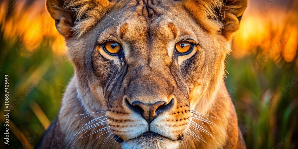Obraz premium Close-Up Portrait of a Majestic Lioness Capturing Her Intense Gaze and Subtle Emotions Amidst the Natural Wilderness of Africa, Perfect for Wildlife and Nature Photography Enthusiasts
