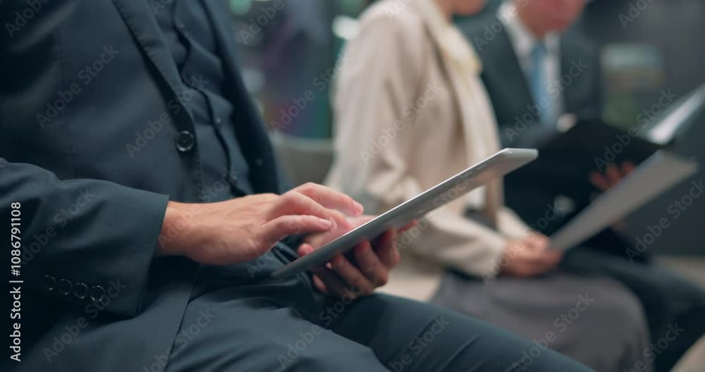 Businessman, tablet and hands typing in office for email, notification and update calendar app. Person, tech and colleagues waiting in Japanese workplace with meeting agenda, contact and productivity Businessman, tablet and hands typing in office for email, notification and update calendar app. Person, tech and colleagues waiting in Japanese workplace with meeting agenda, contact and productivity