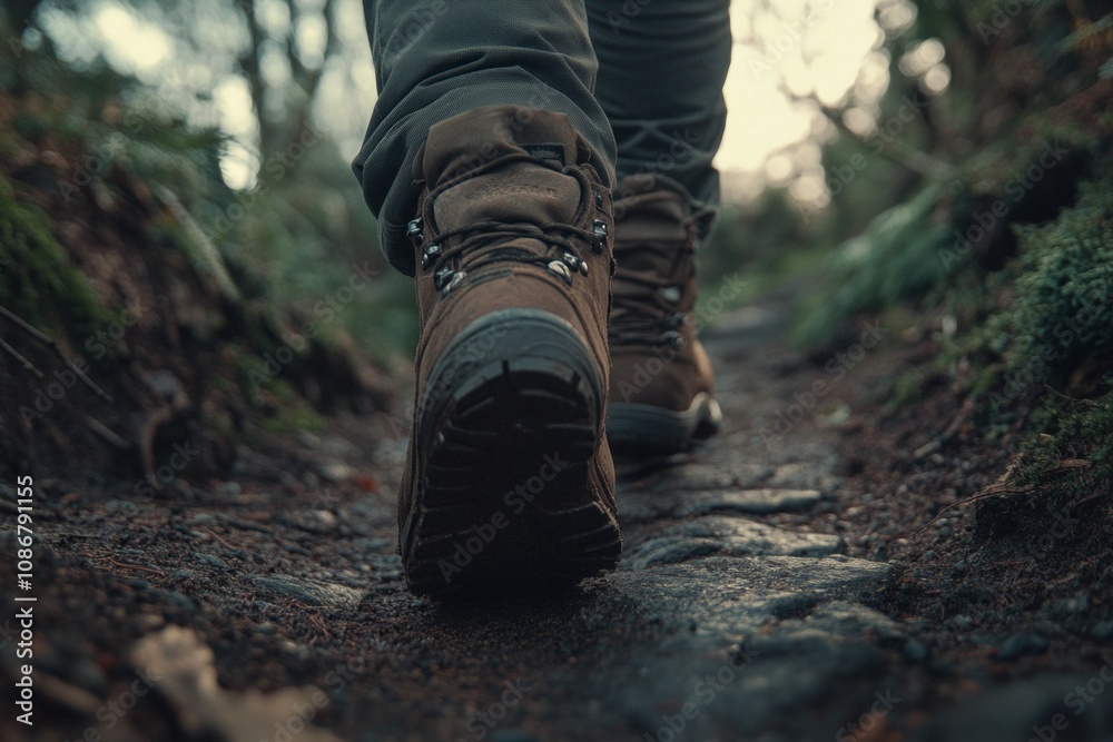 A close-up view of hiking boots on a rocky trail. The boots exhibit rugged design and durability for outdoor adventures. Embrace nature through active exploration. Generative AI A close-up view of hiking boots on a rocky trail. The boots exhibit rugged design and durability for outdoor adventures. Embrace nature through active exploration. Generative AI