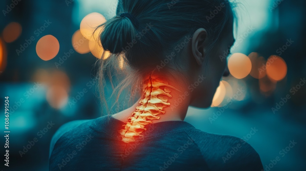Pain in the spine, woman with backache on gray background, back injury, photo with highlighted skeleton Pain in the spine, woman with backache on gray background, back injury, photo with highlighted skeleton