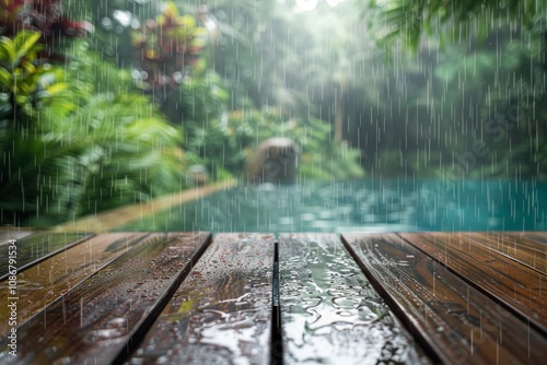 Wet Table Pool Mockup, Wooden Background Space by Hotel Swimming Pool Bar in Heavy Rain, Copy Space photo