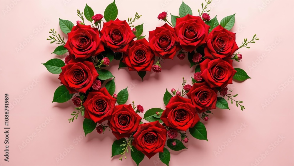 Red roses artfully arranged in the shape of a heart on a soft pink background. Concept of romantic love and Valentine's Day. Red roses artfully arranged in the shape of a heart on a soft pink background. Concept of romantic love and Valentine's Day.