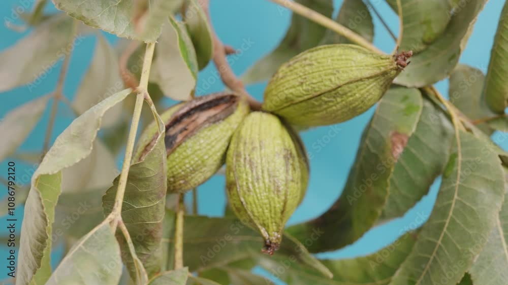A branch with green pecan pods and leaves rotating against a blue background, showcasing the unripe pecans hanging from the tree. A branch with green pecan pods and leaves rotating against a blue background, showcasing the unripe pecans hanging from the tree.