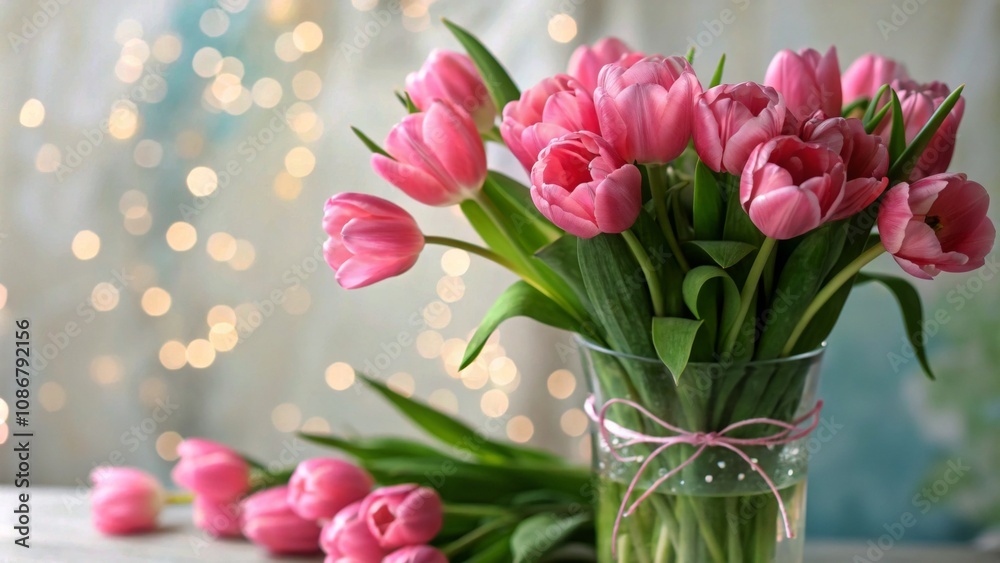 Beautiful Spring Tulip Bouquet in Glass Vase with Bokeh Effect - Fresh Flowers, Nature's Beauty, Floral Arrangement, Pink Tulips, Easter Decor, Blossoms, and Green Leaves Beautiful Spring Tulip Bouquet in Glass Vase with Bokeh Effect - Fresh Flowers, Nature's Beauty, Floral Arrangement, Pink Tulips, Easter Decor, Blossoms, and Green Leaves