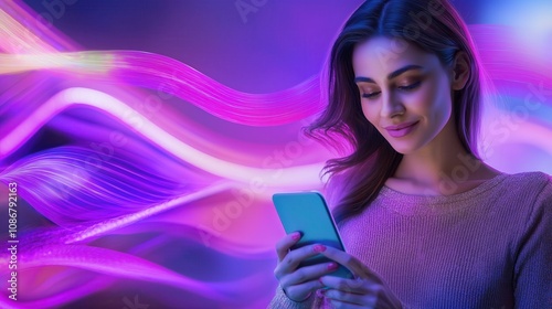 Young Woman Engages With Smartphone Amidst Ethereal Purple Lighting Display, Creating A Futuristic And Dreamlike Atmosphere photo